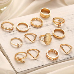 Medallion Ring Set With Austrian Crystals - 18K Gold-Plated - 13 Pieces